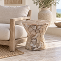 Kendang teak mosaic stool in a coastal interior