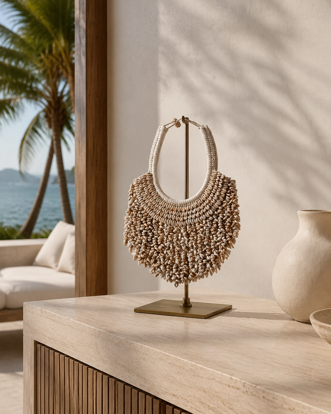 Layered Shell decorative shell necklace — Layered Shell Necklace on Metal Stand lifestyle image