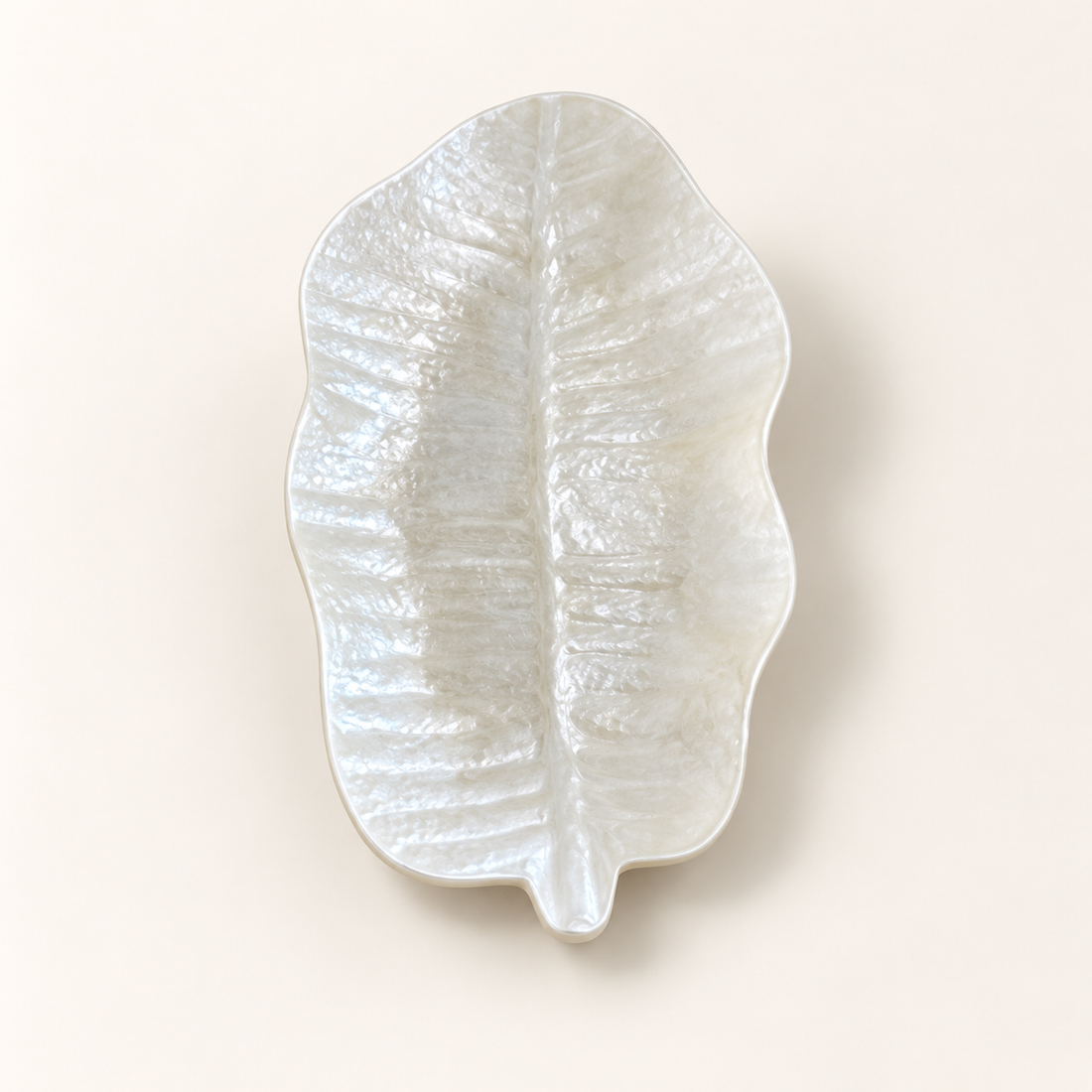 White Broad Leaf shell decorative tray - angled view