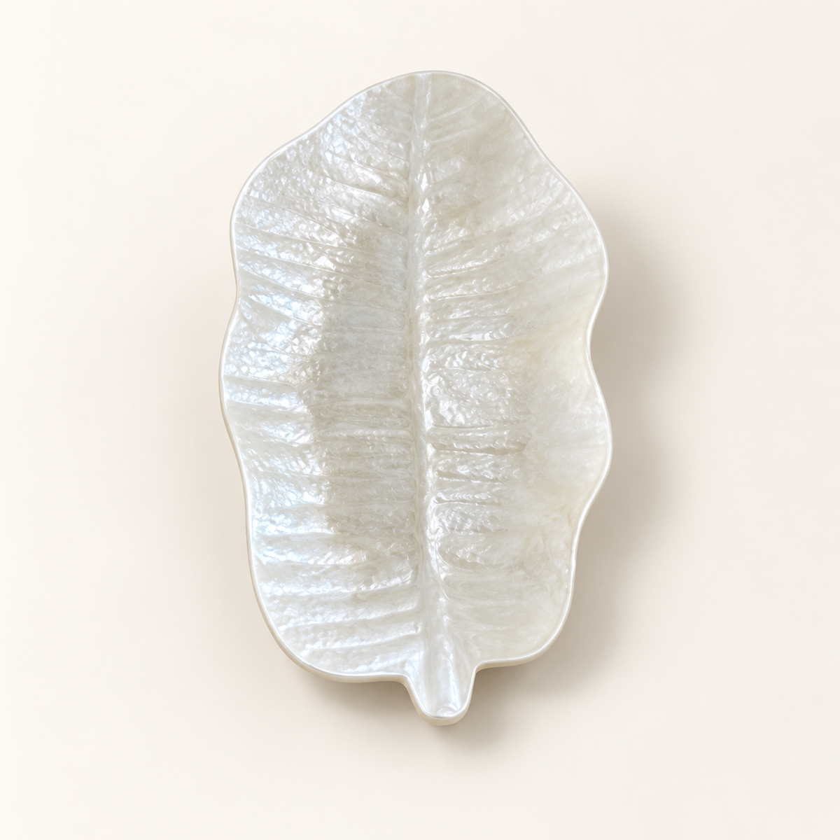 White Broad Leaf shell decorative tray - angled view