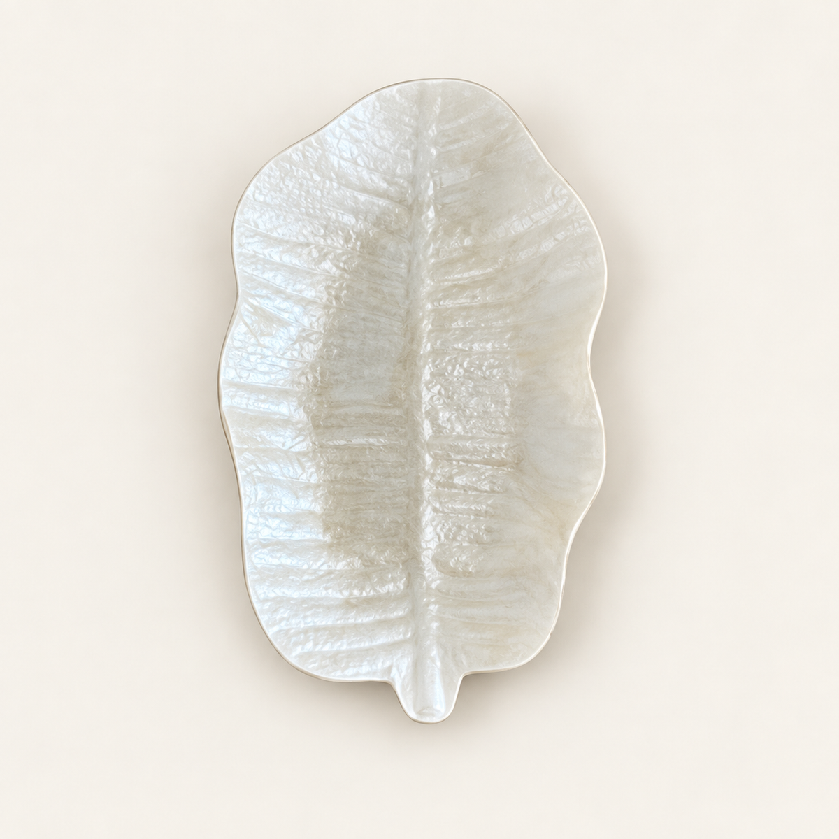 White Broad Leaf shell decorative tray - top view