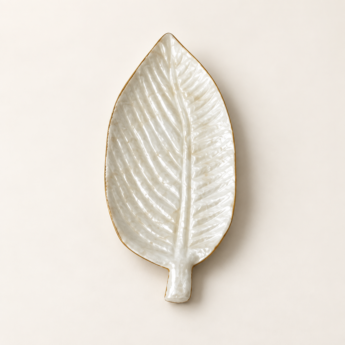 White Long Leaf shell decorative tray - angled view