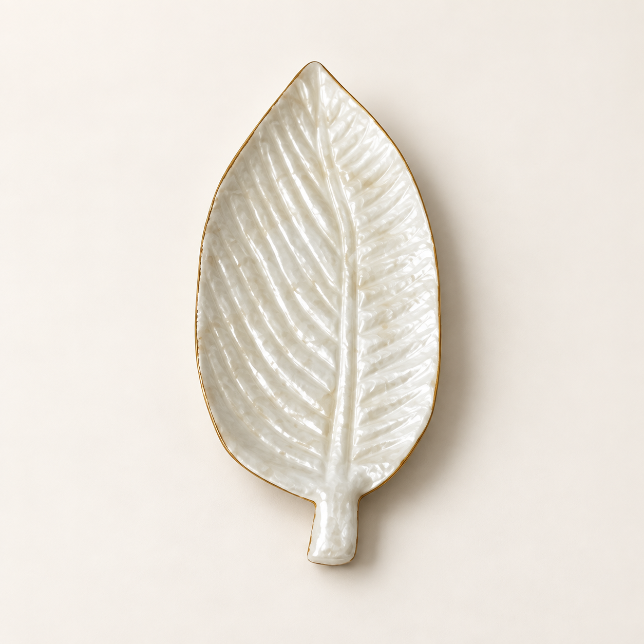 White Long Leaf shell decorative tray - angled view