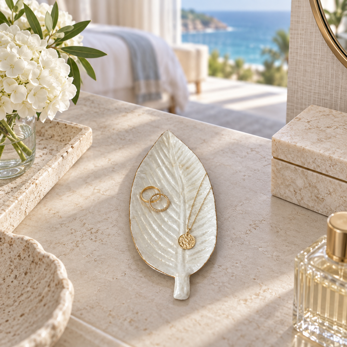 White Long Leaf decorative tray in a luxury oceanfront bedroom