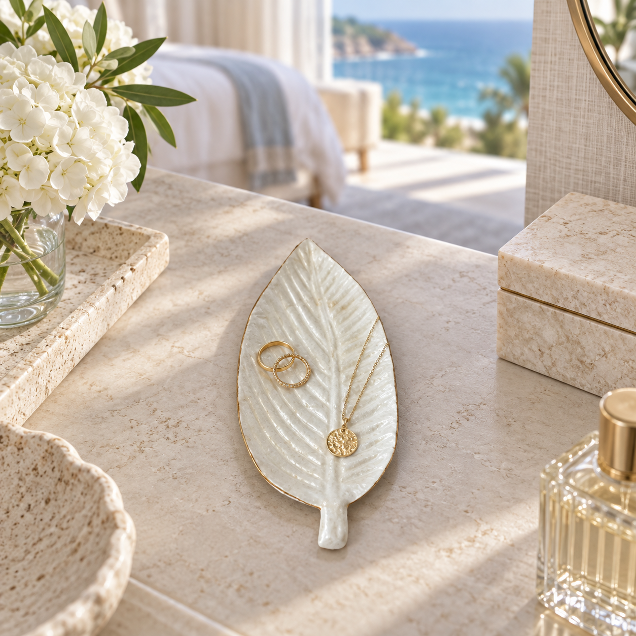 White Long Leaf decorative tray in a luxury oceanfront bedroom