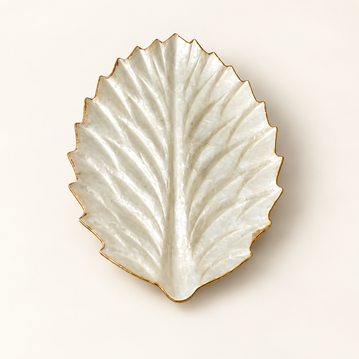White Serrated Leaf shell decorative tray - angled view