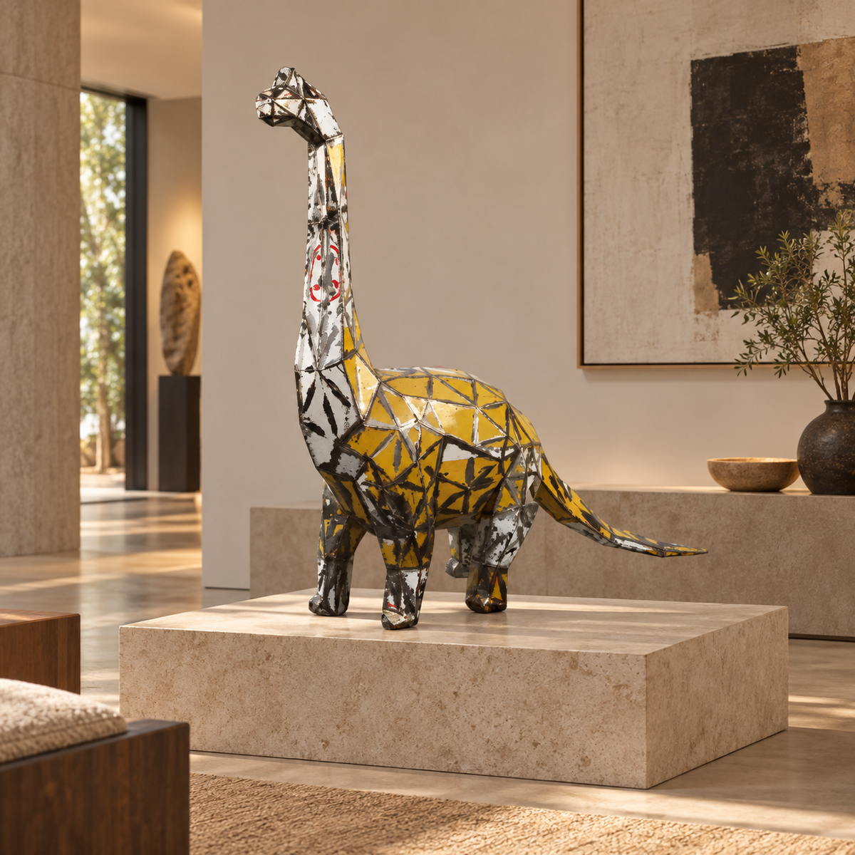 Recycled metal barrel Long-Neck Dinosaur sculpture in a gallery interior