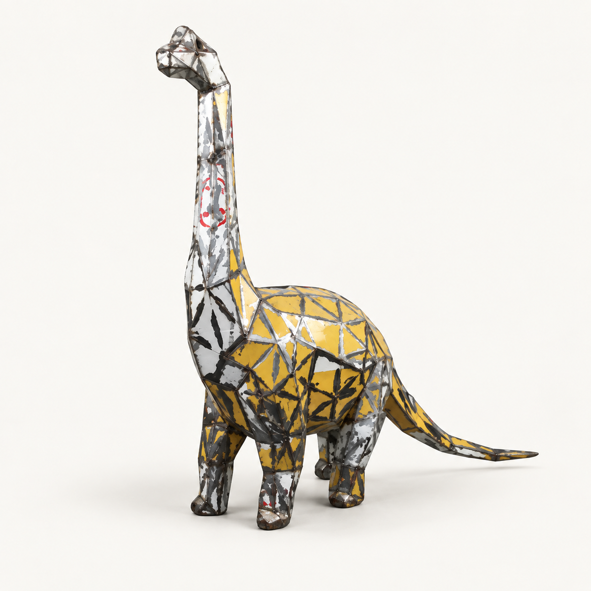 Recycled metal barrel Long-Neck Dinosaur sculpture, front view