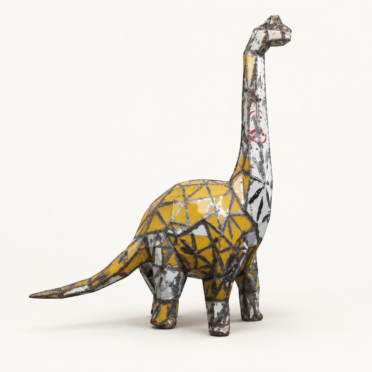 Recycled metal barrel Long-Neck Dinosaur sculpture, rear view
