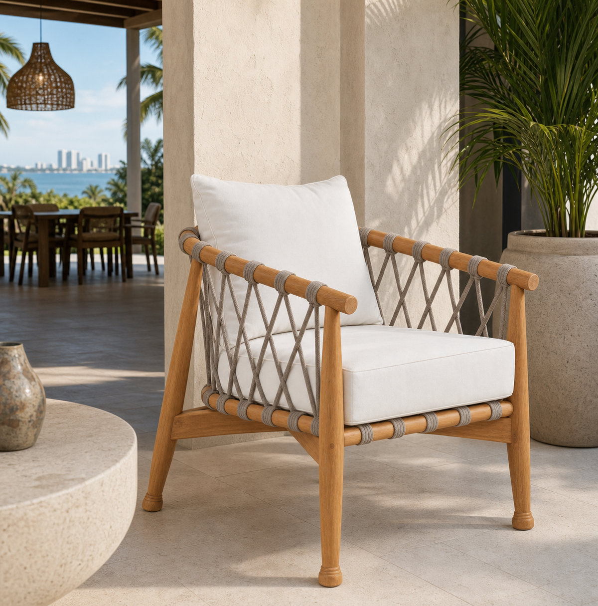 Khanan Rope Dining Chair on a shaded Miami terrace
