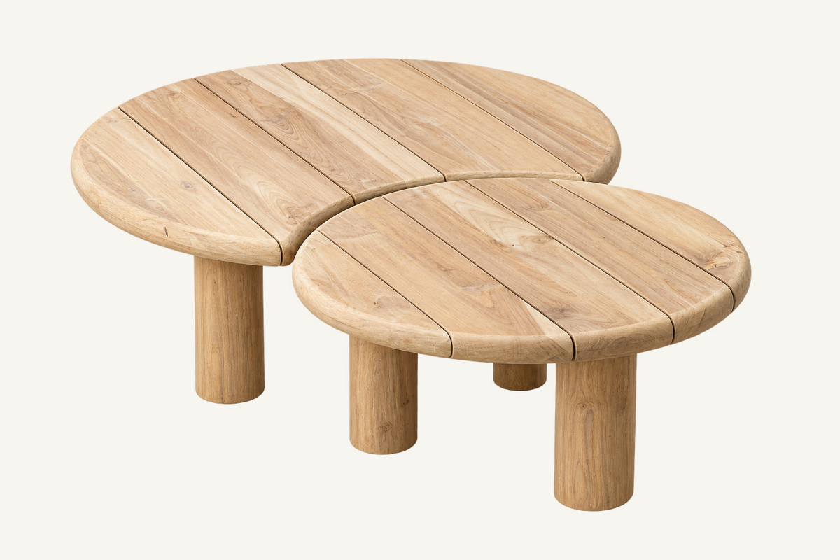 Pair of round recycled teak coffee tables included in the Tagazud set