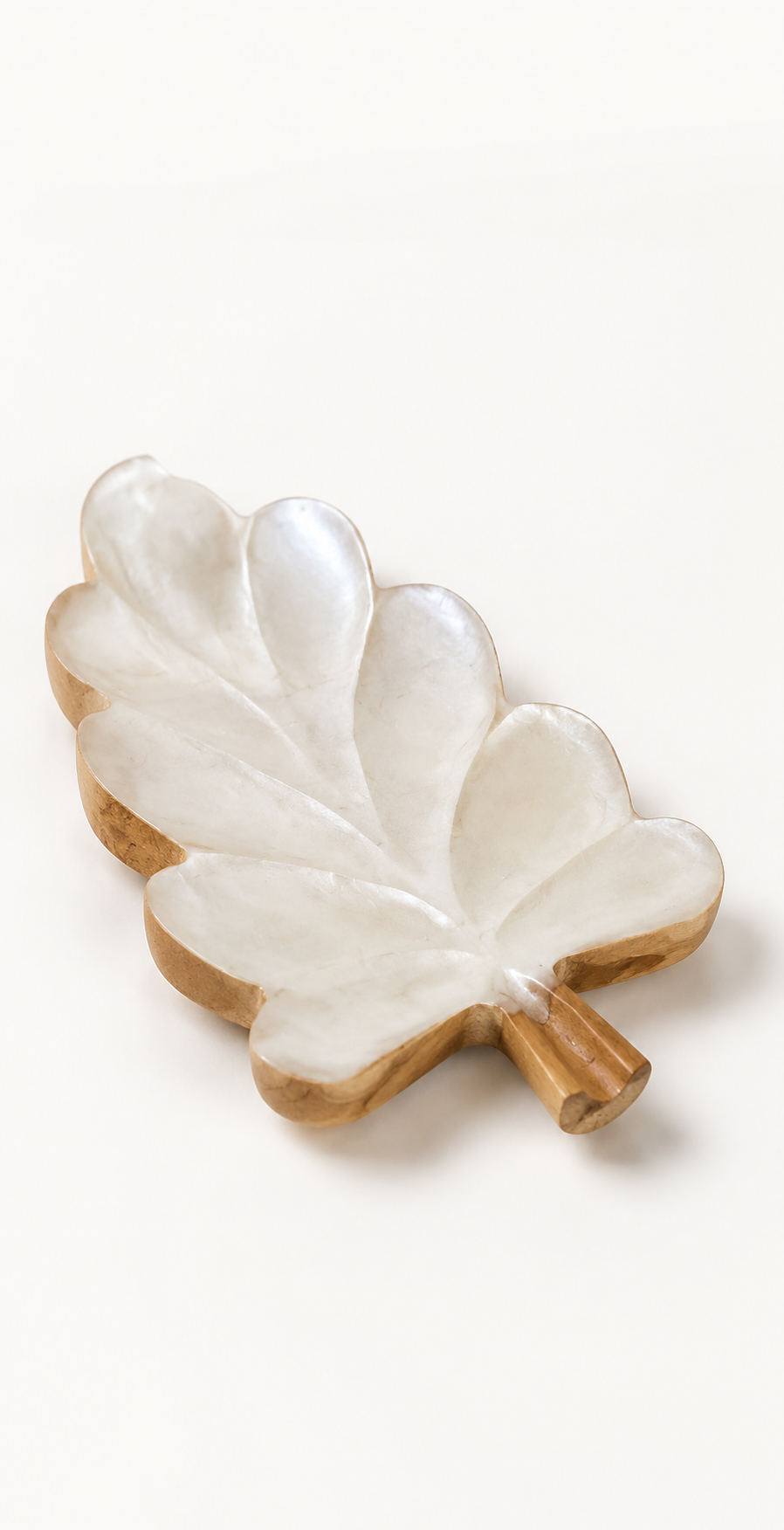 Medium pearlescent teak and resin palm leaf decorative tray - angled view