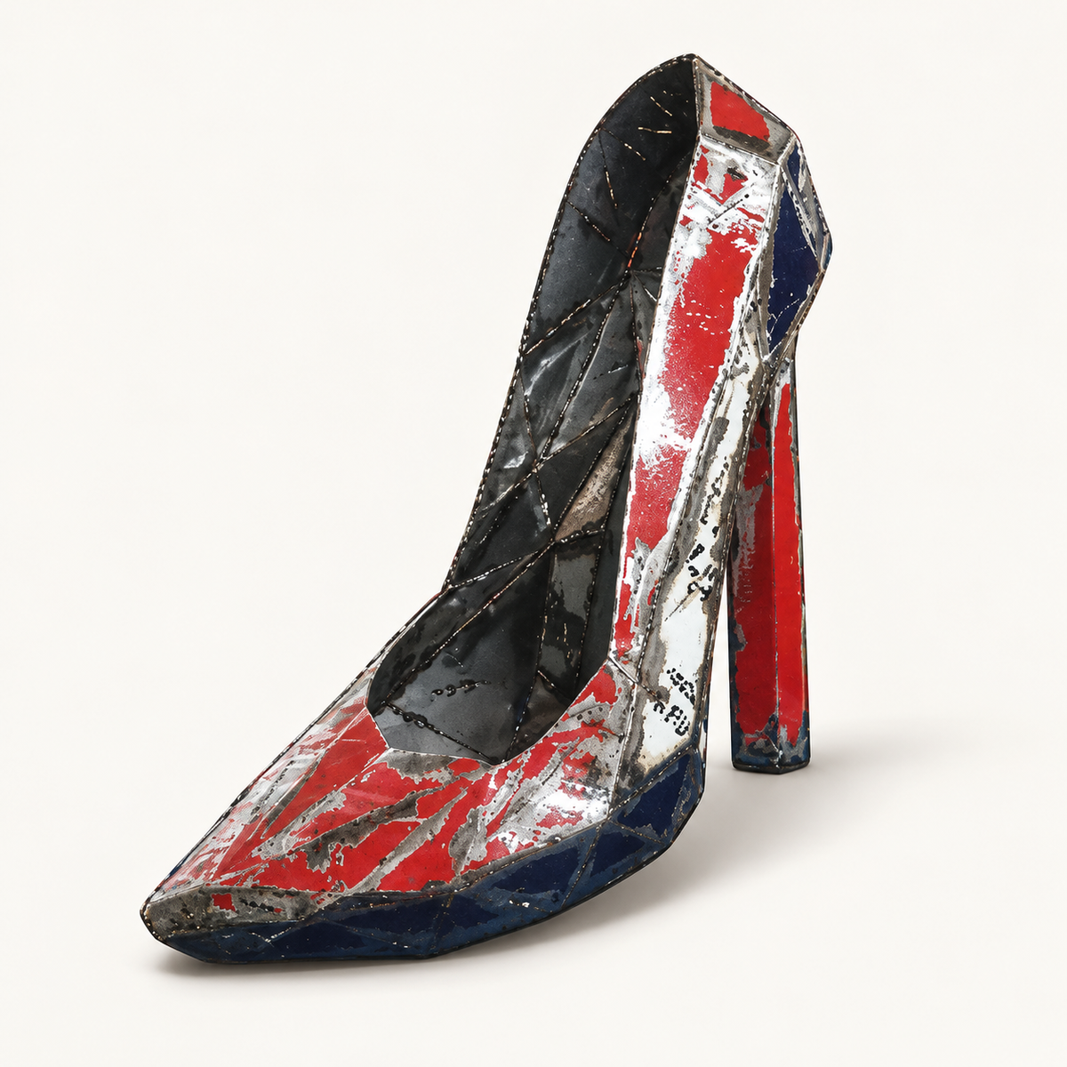 Recycled metal barrel High Heel sculpture, front three-quarter view