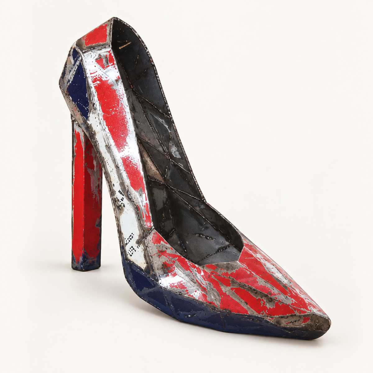 Recycled metal barrel High Heel sculpture, opposite view
