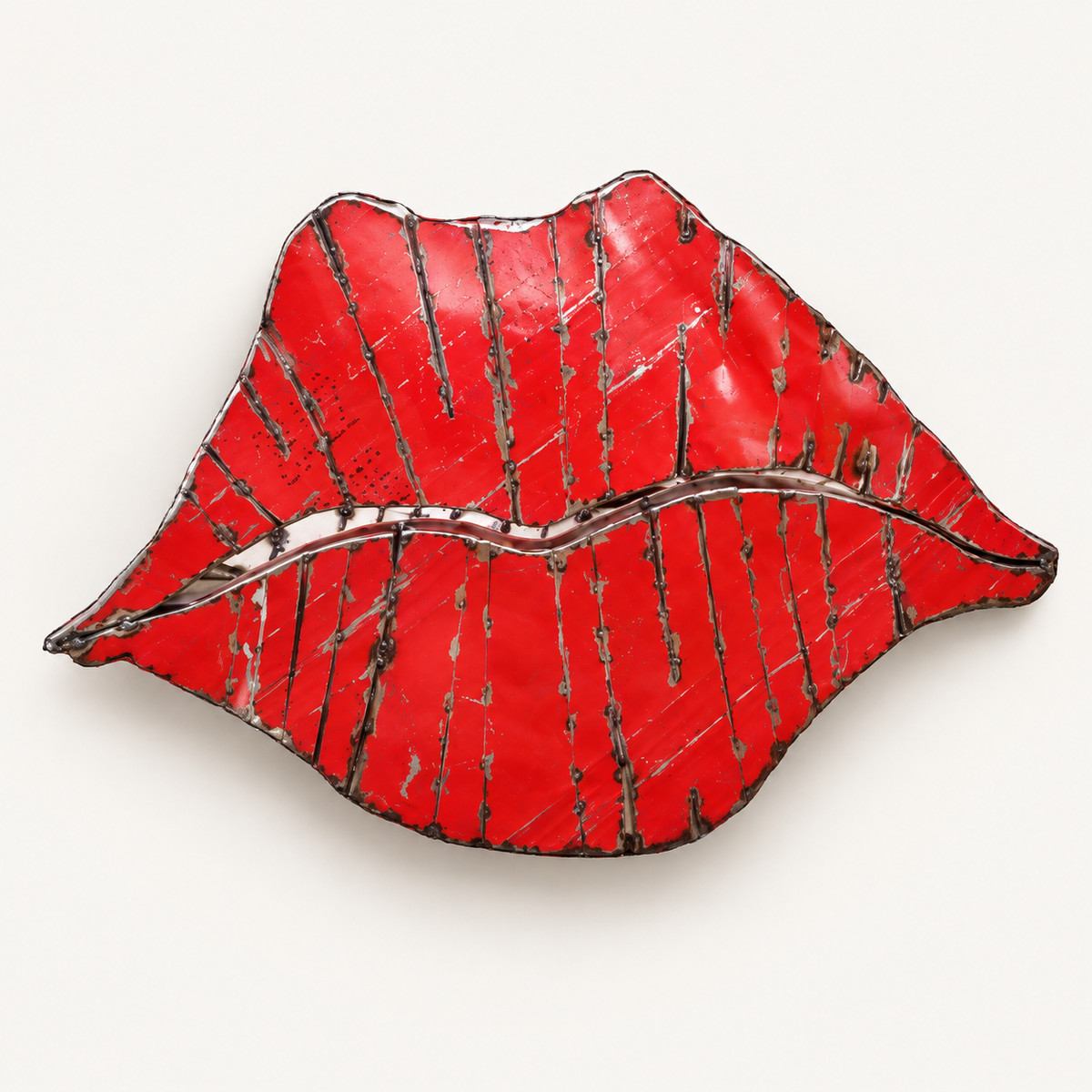 Recycled metal barrel Lips wall sculpture, front view