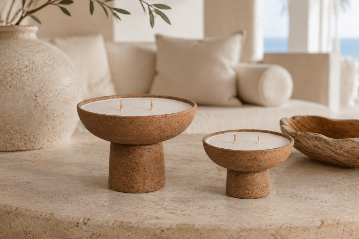 Mocha Stone Pedestal Candles lifestyle image