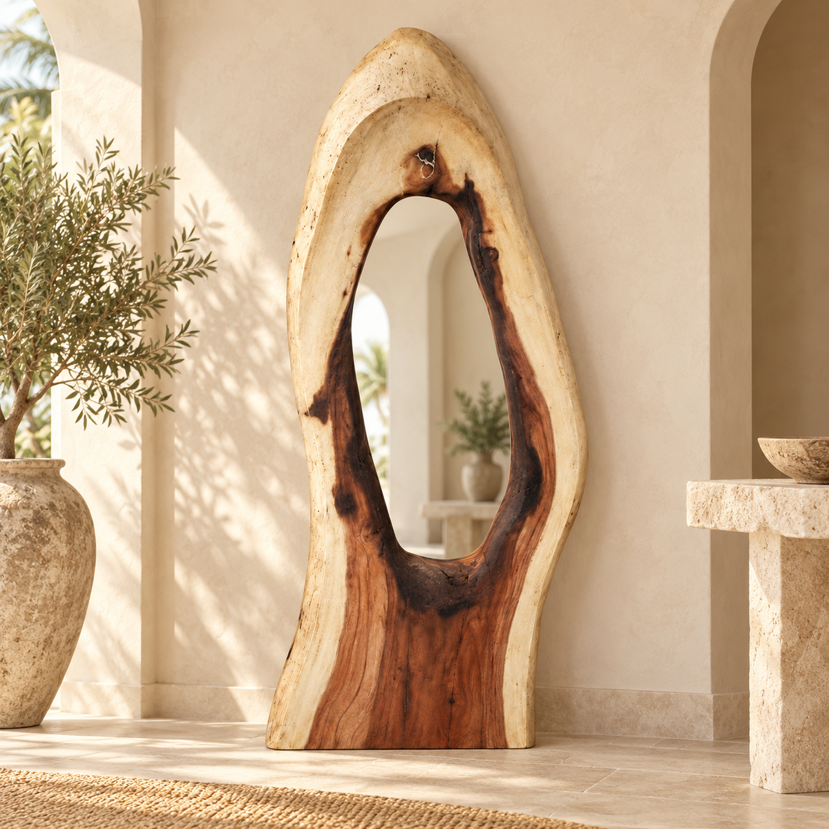 Monumental Suar Wood Mirror styled in a warm neutral interior
