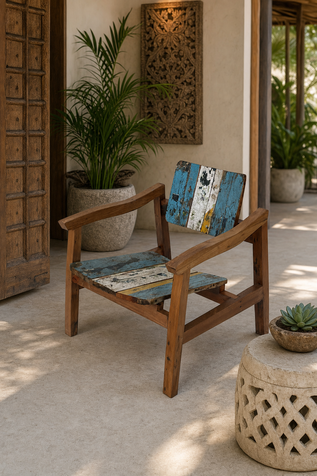 Reclaimed Boat Wood Armchair styled in an interior