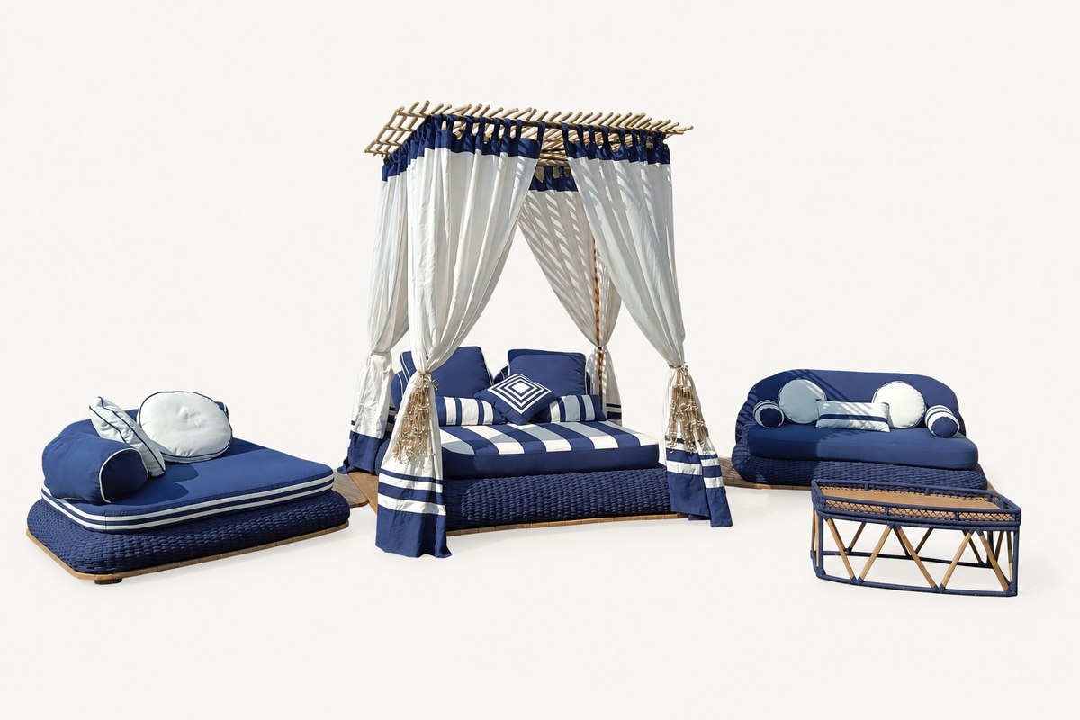 Mykonos lounge set with two sofas, curtained teak cabana and matching coffee table