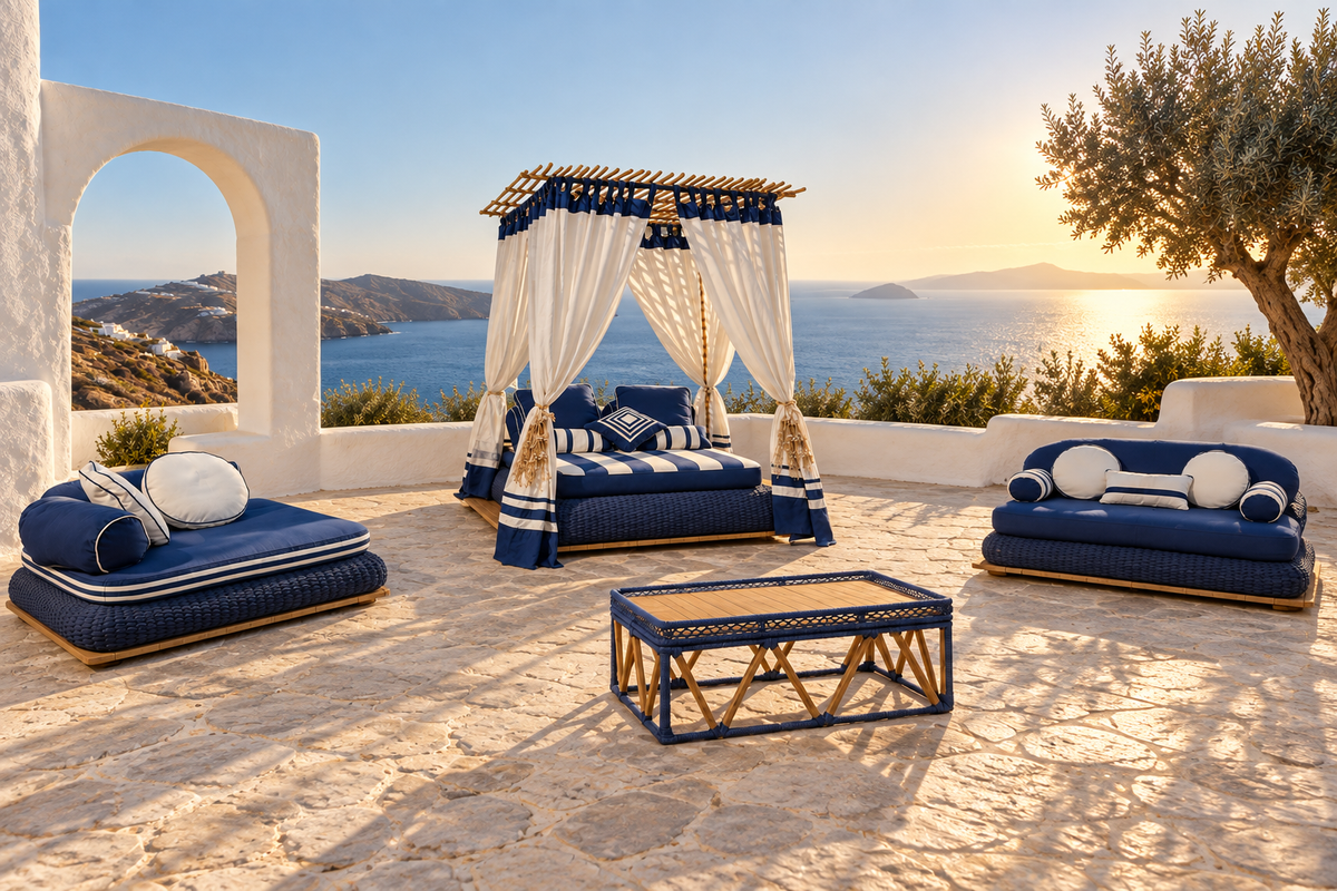 Mykonos four-piece lounge set spaced across a private Aegean terrace