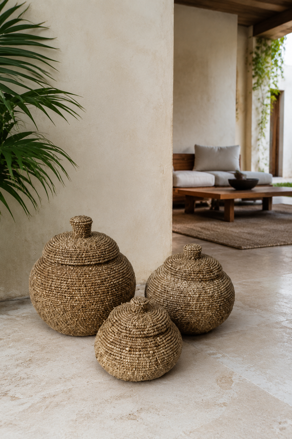 Natural hand-beaded lidded baskets in a luxury interior