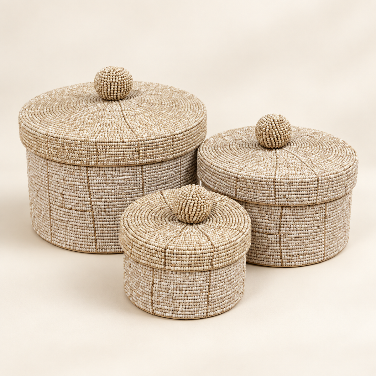 Natural handwoven beaded basket set, angle catalog view