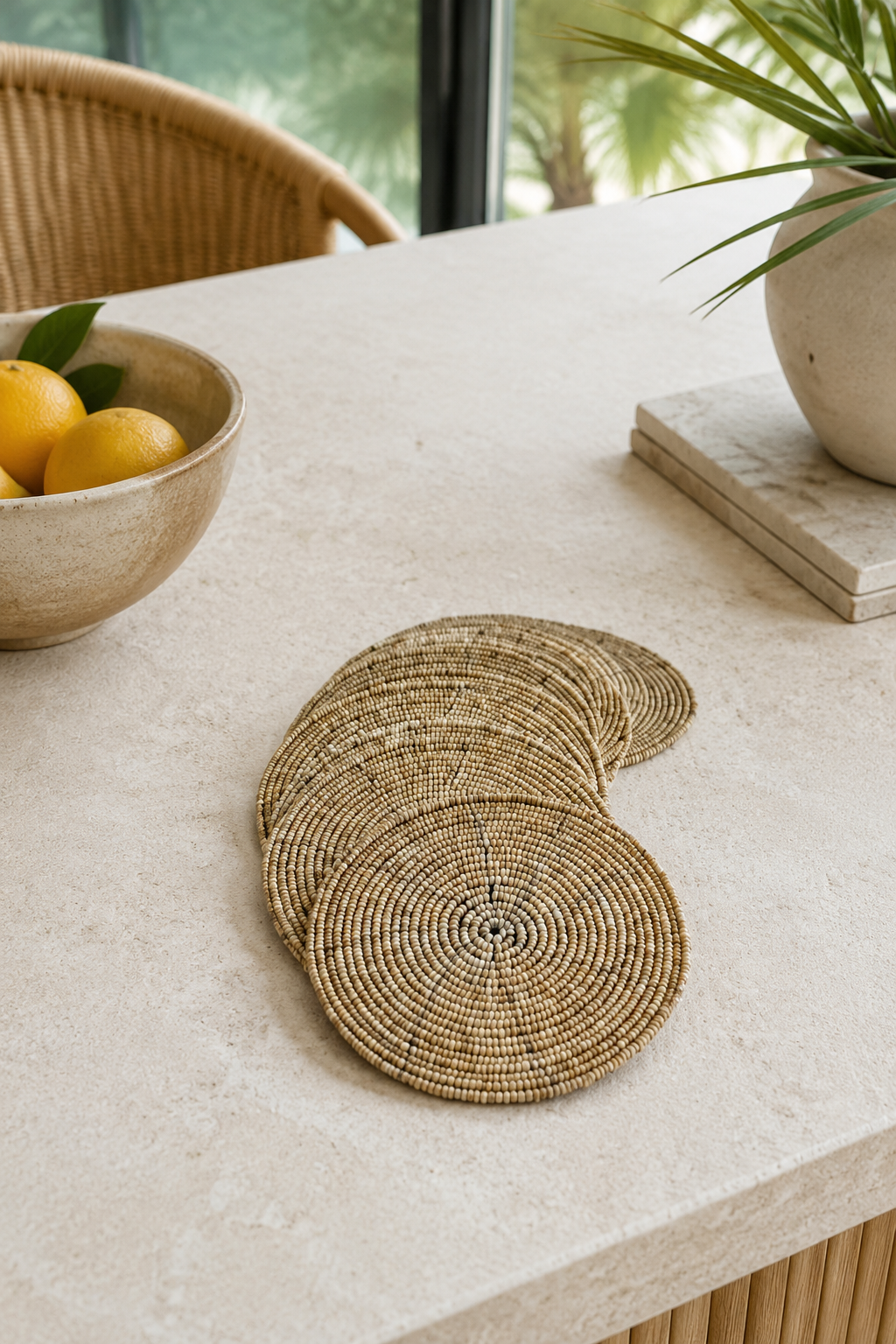 Natural beaded coaster set in a refined interior