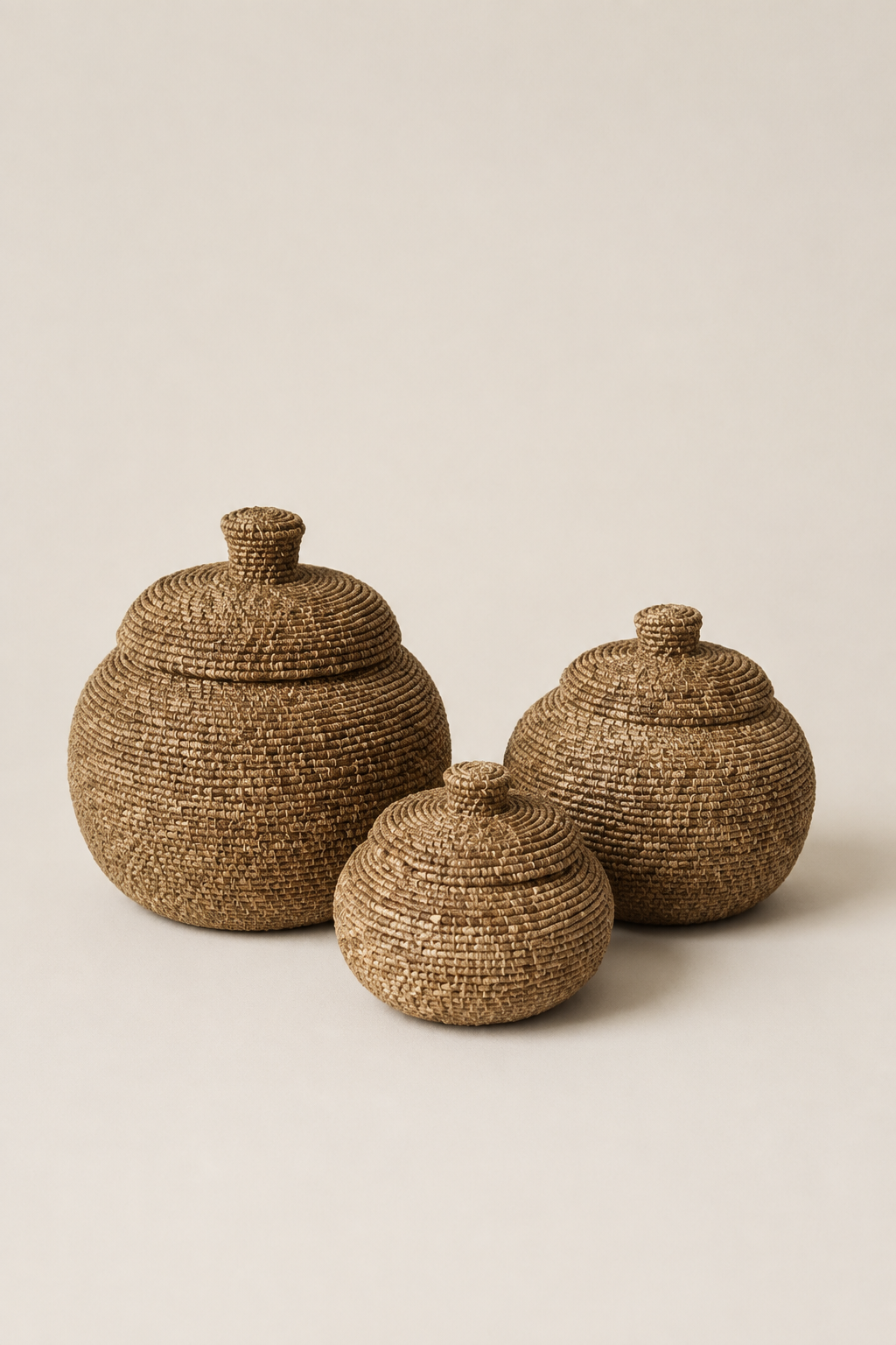 Natural hand-beaded lidded basket set — catalog angle