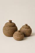 Natural hand-beaded lidded basket set — catalog angle