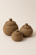 Natural hand-beaded lidded basket set — catalog detail