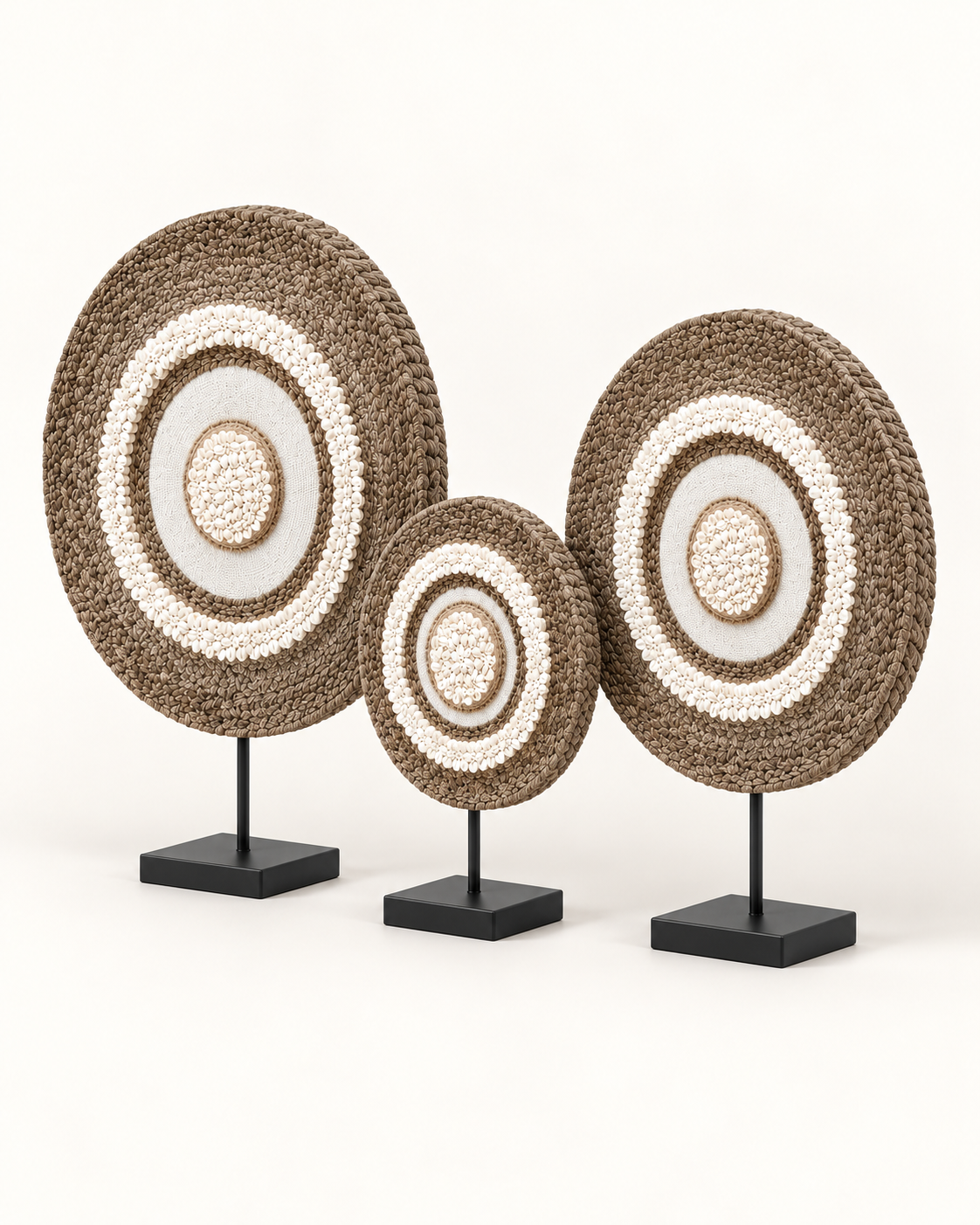 Natural Pattern Concentric Shell Sculpture on Metal Stand – three sizes, angled view