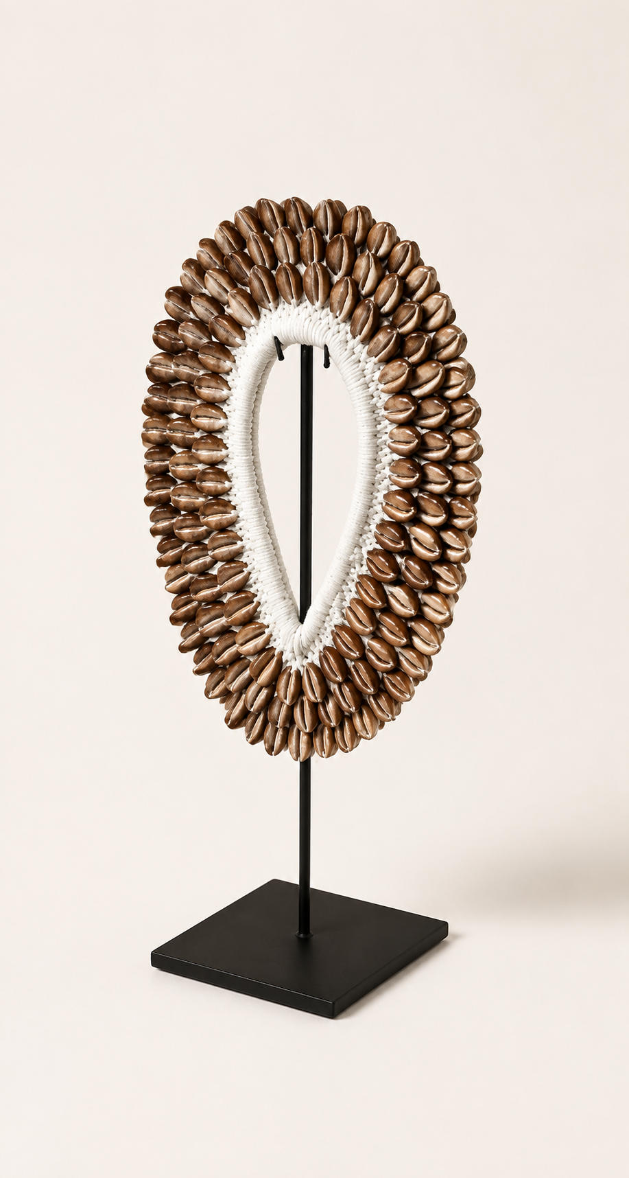 Natural Cowrie Shell Ring Necklace on Metal Stand, front catalog view