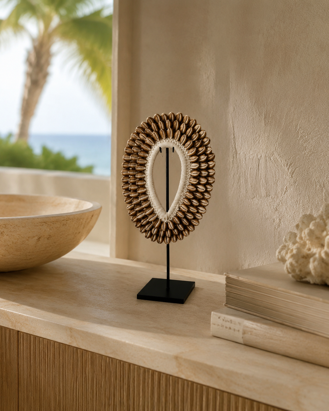 Natural Cowrie Shell Ring Necklace on Metal Stand, styled interior