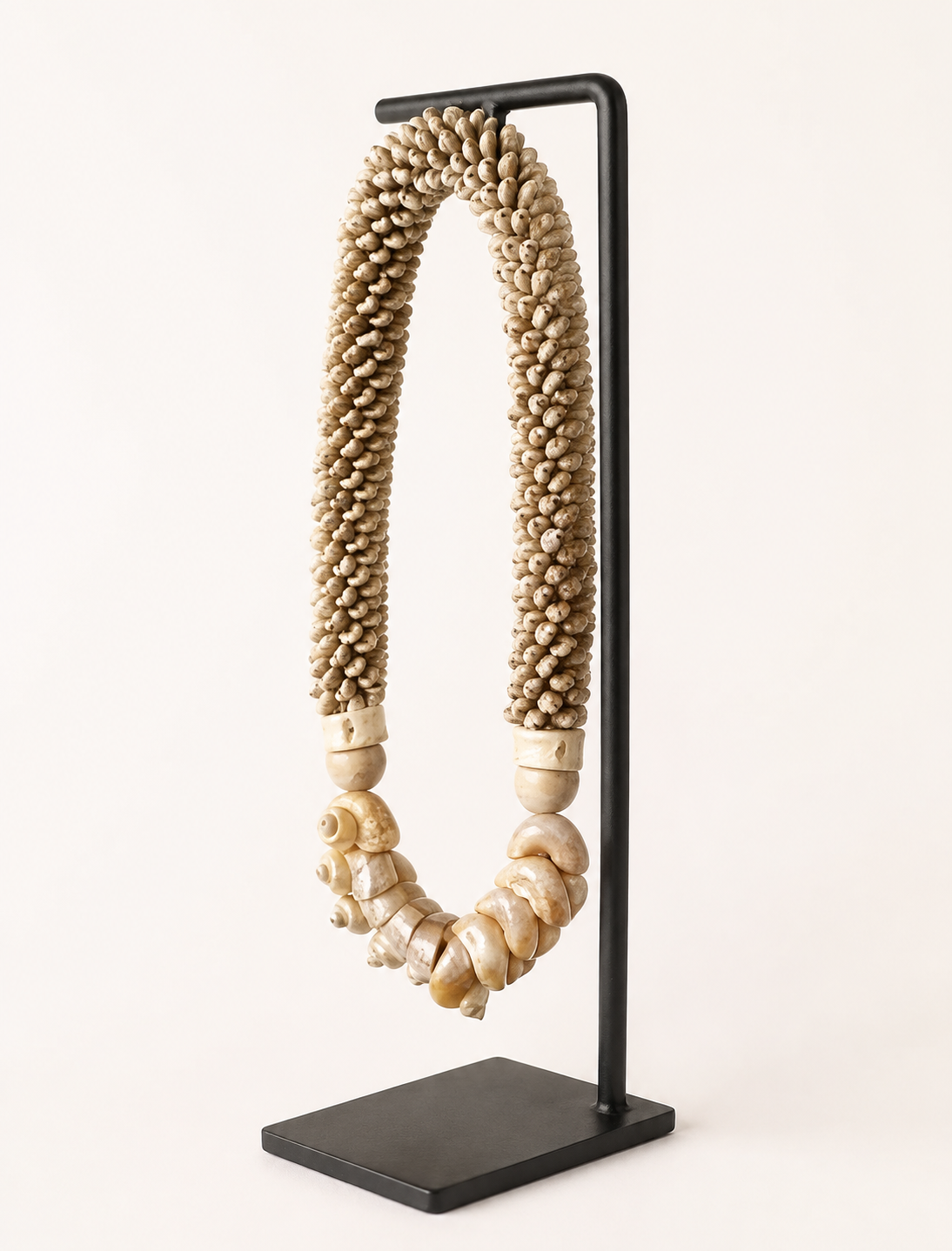 Natural Cowrie Statement decorative shell necklace — Natural Cowrie Statement Necklace on Metal Stand catalog view