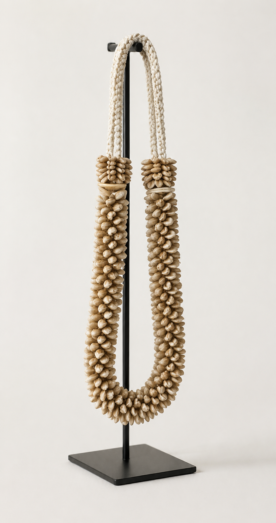 Natural Double Strand Shell Necklace on Metal Stand, front catalog view