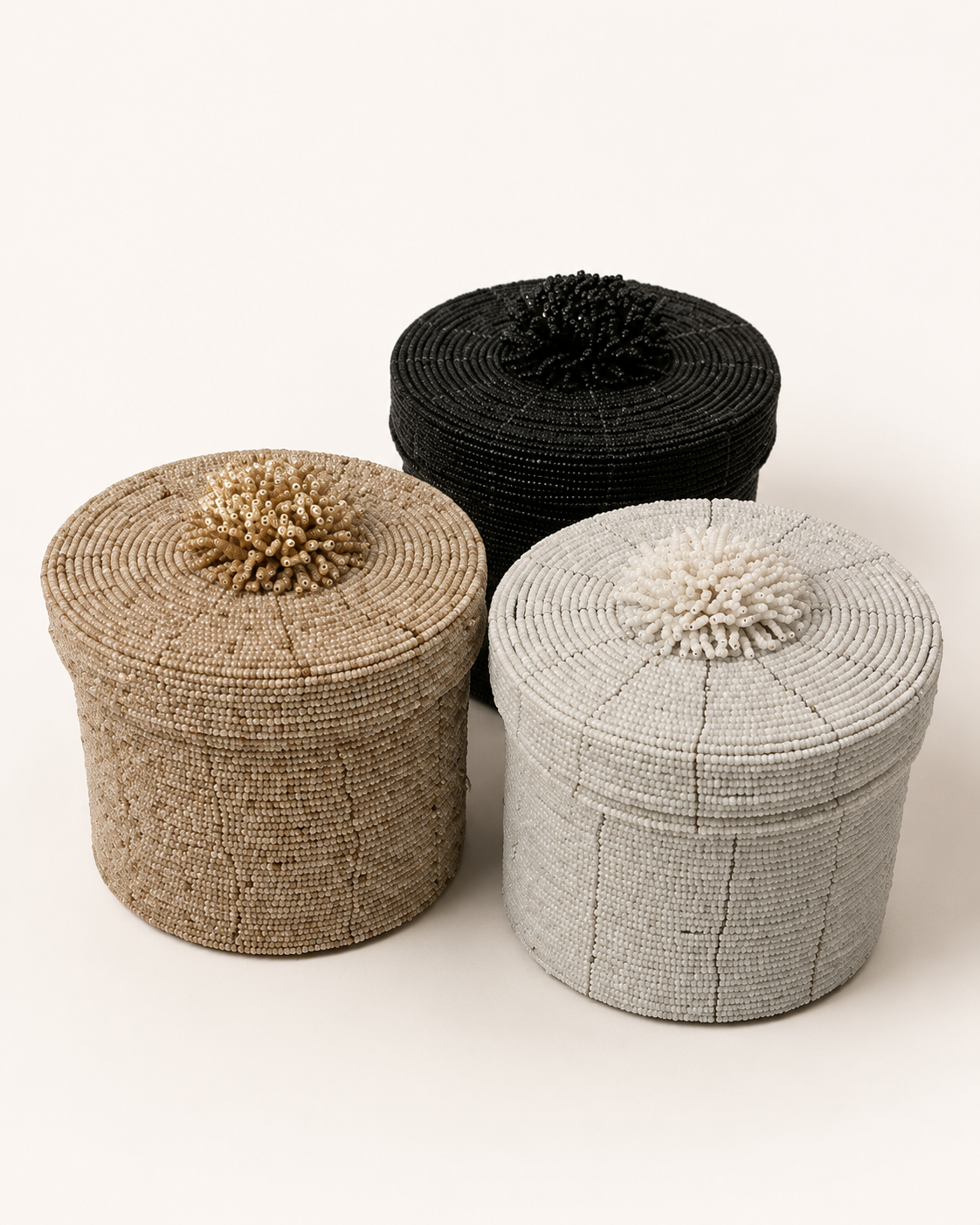 Natural handwoven beaded basket set, catalog detail