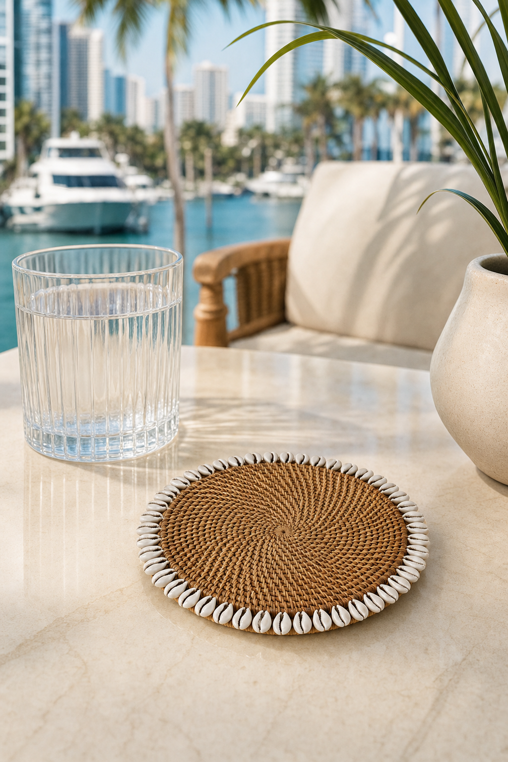 Handwoven Rattan & Cowrie Shell Coaster styled in an interior