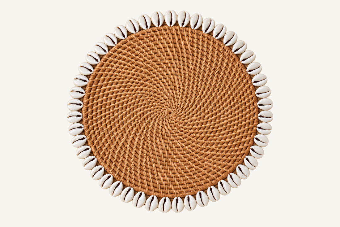 Handwoven Rattan & Cowrie Shell Coaster, front view