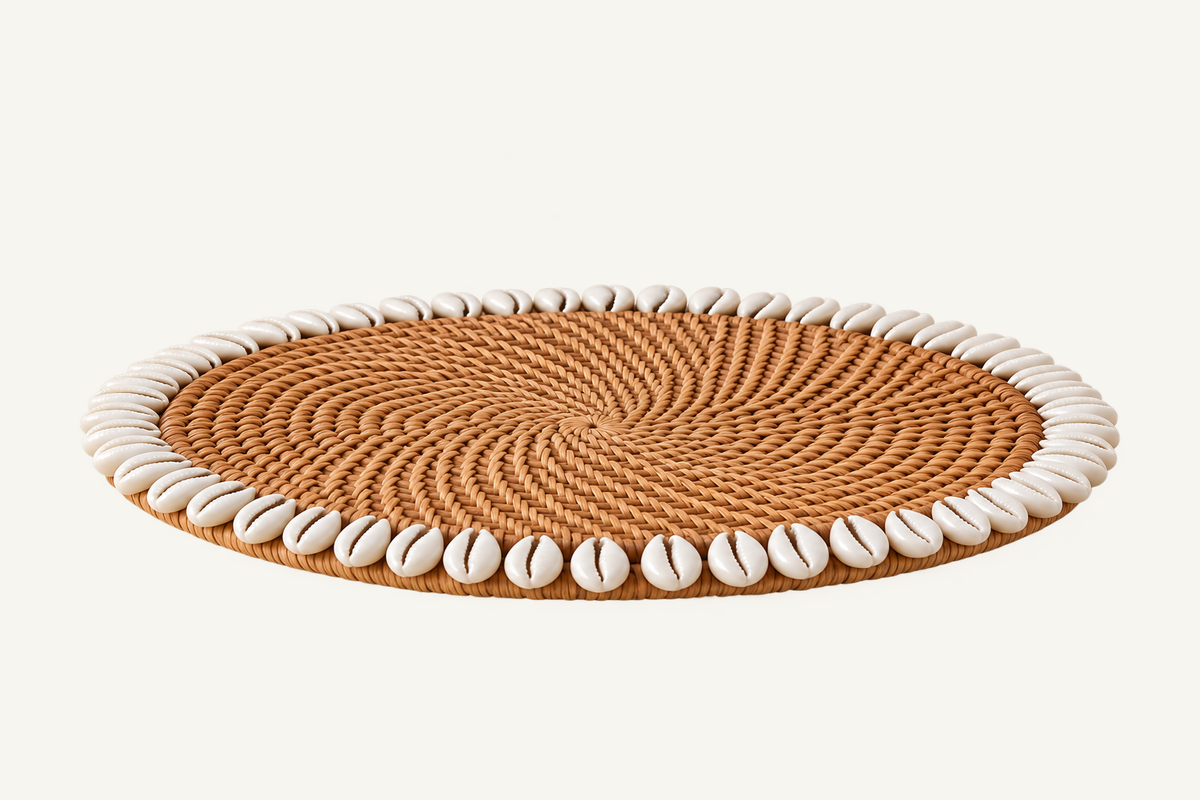 Handwoven Rattan & Cowrie Shell Coaster, alternate view