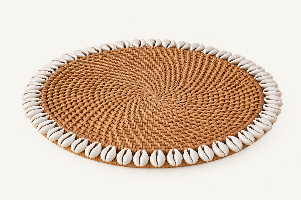 Handwoven Rattan & Cowrie Shell Coaster, view 3