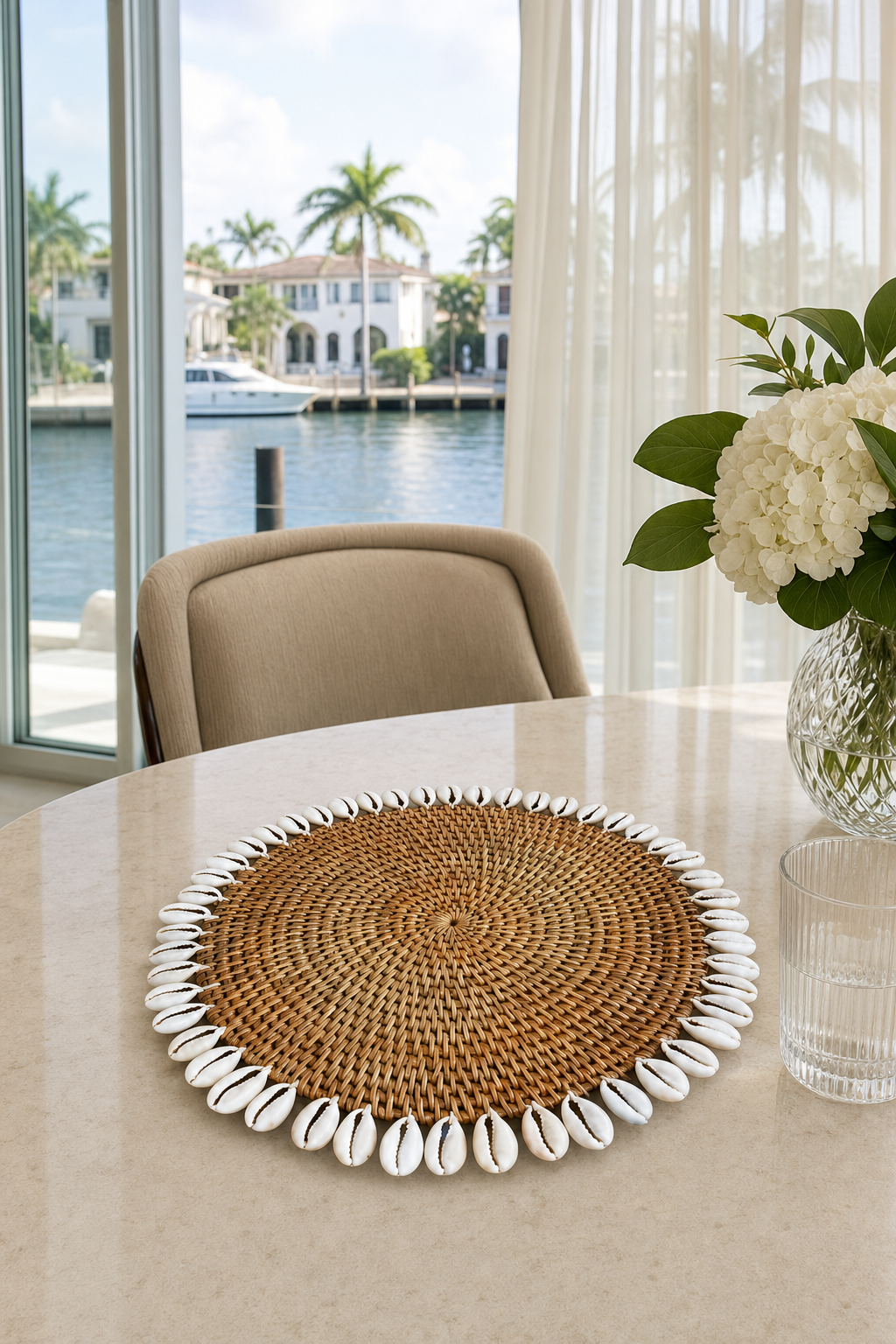 Handwoven Rattan & Cowrie Shell Placemat styled in an interior