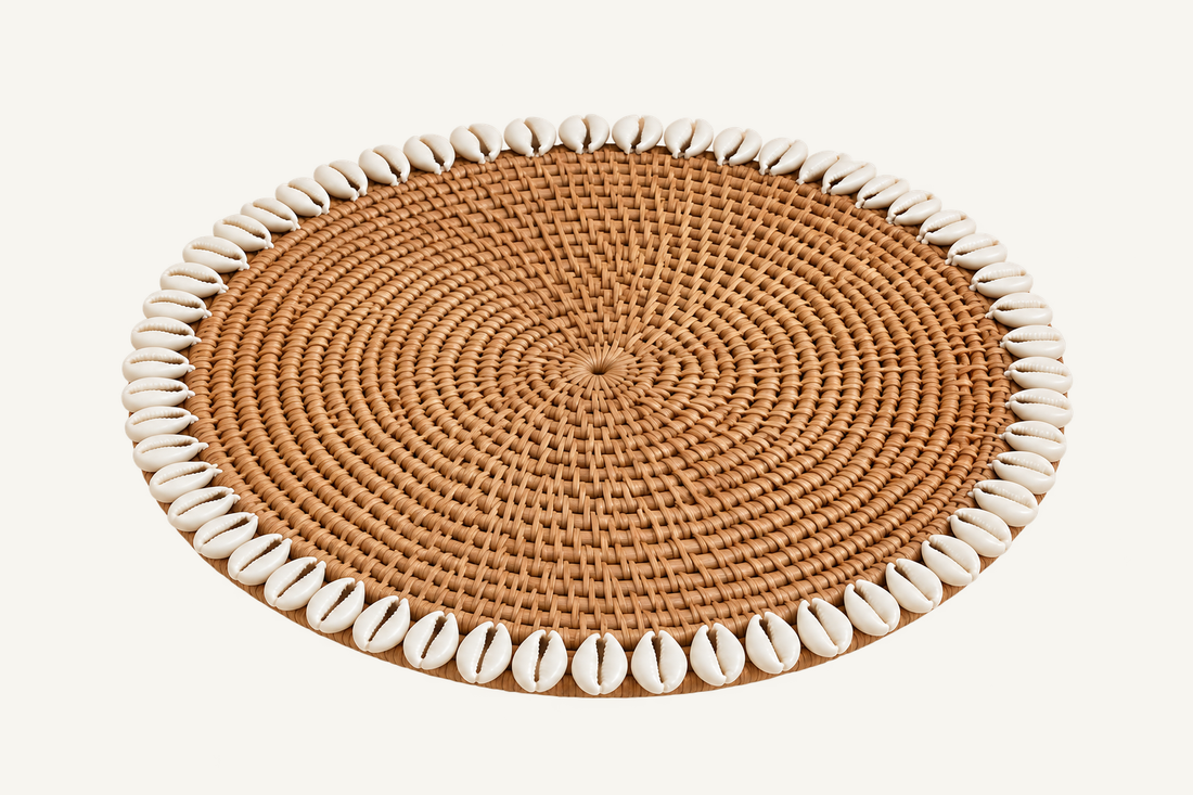 Handwoven Rattan & Cowrie Shell Placemat, front view