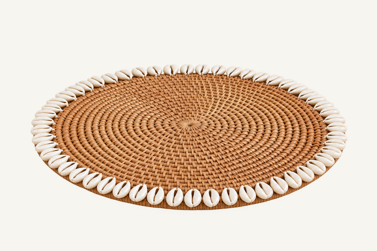 Handwoven Rattan & Cowrie Shell Placemat, view 3