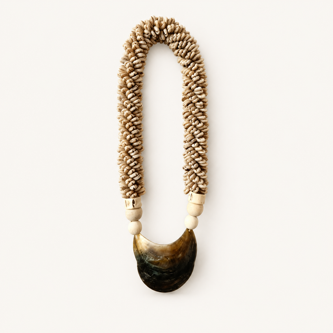 Natural Shell Collar decorative shell necklace — Natural Shell Collar Necklace on Metal Stand on warm cream catalog background