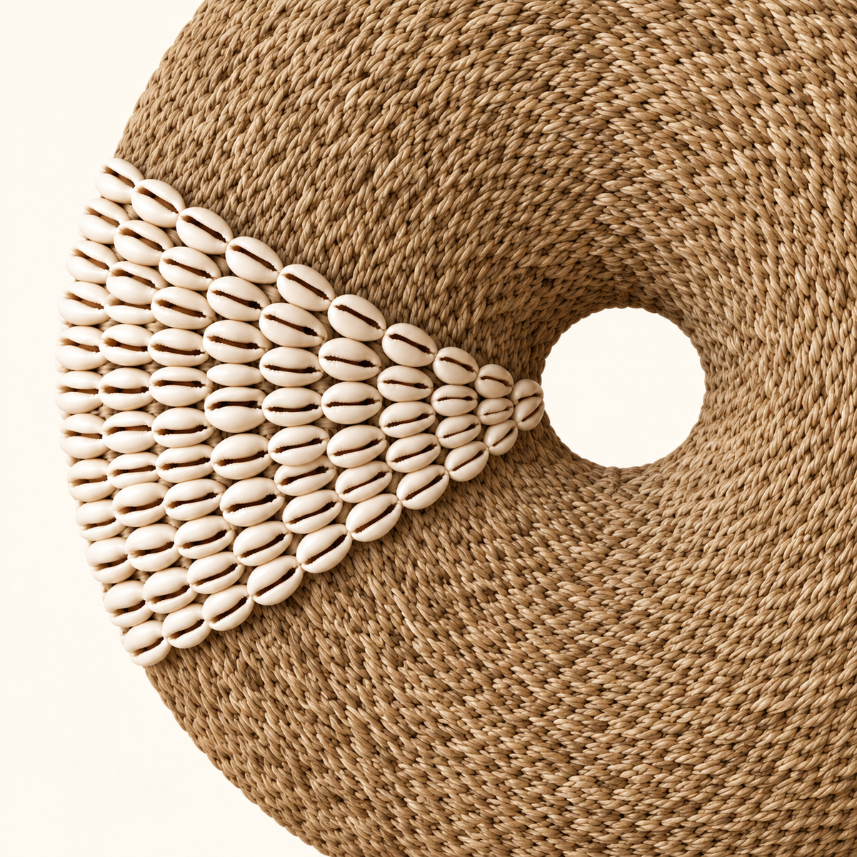 Natural Shell donut woven fiber and cowrie shell detail