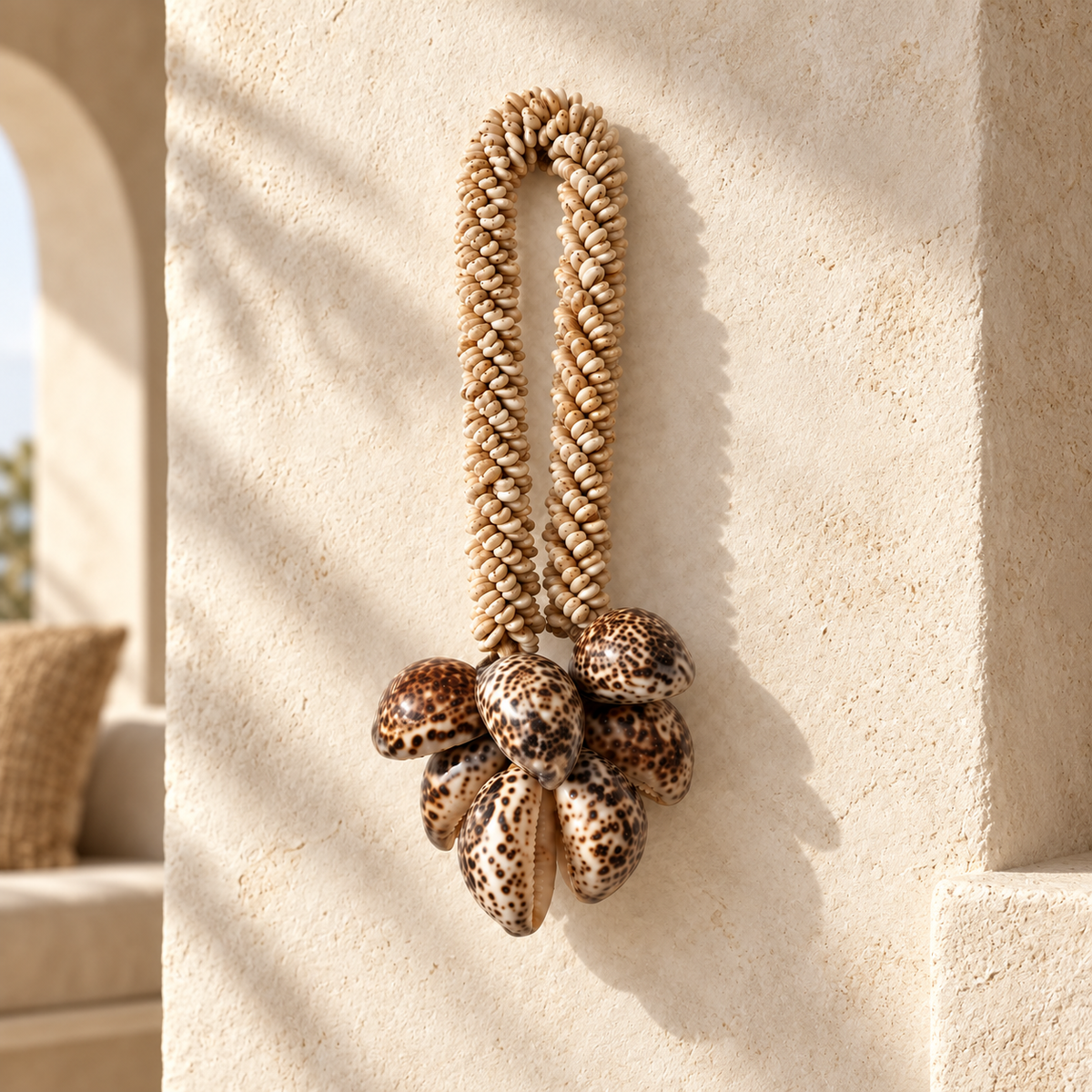 Natural Shell Loop Necklace on Metal Stand, styled interior