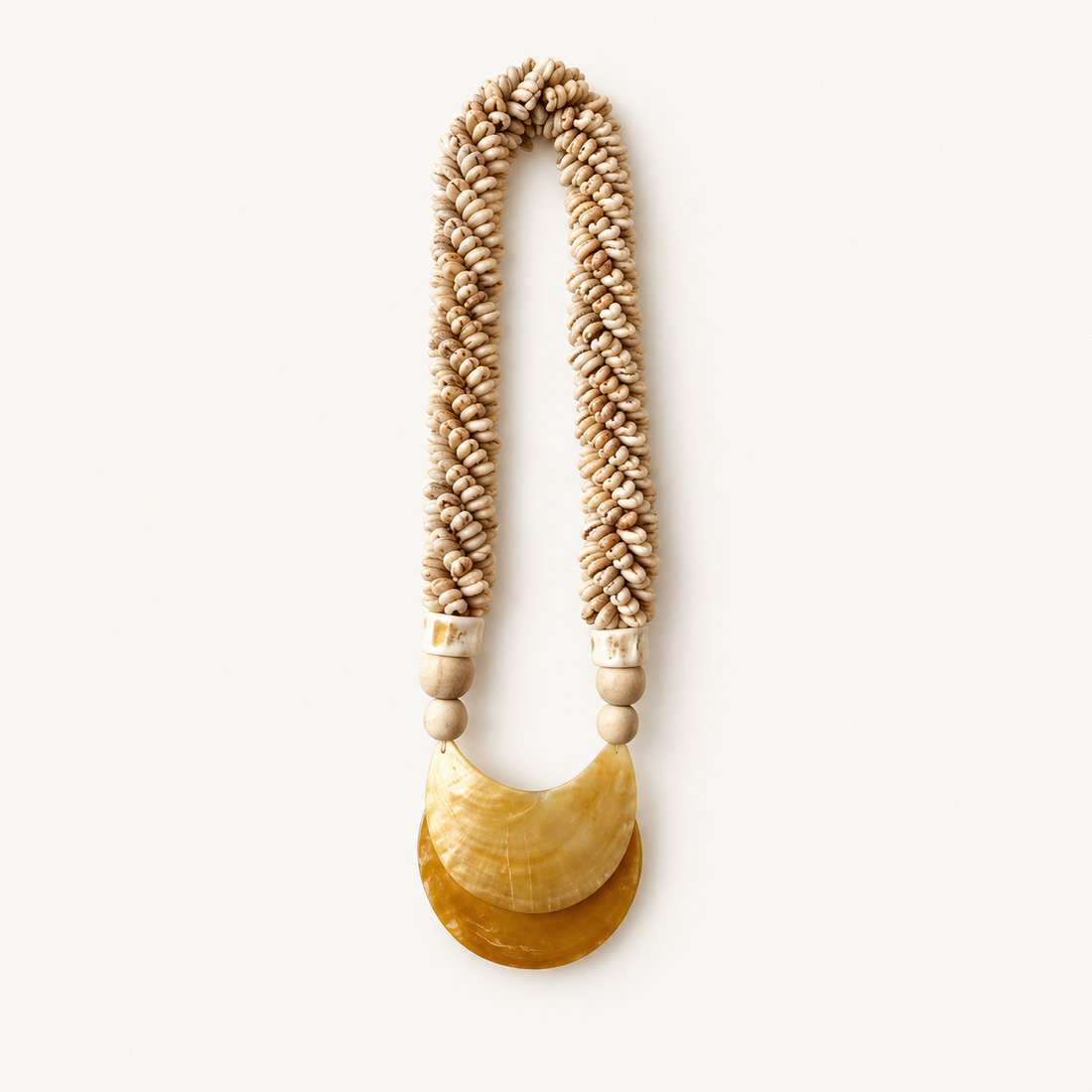 Natural Shell Pendant decorative shell necklace — Natural Shell Pendant Necklace on Metal Stand on warm cream catalog background