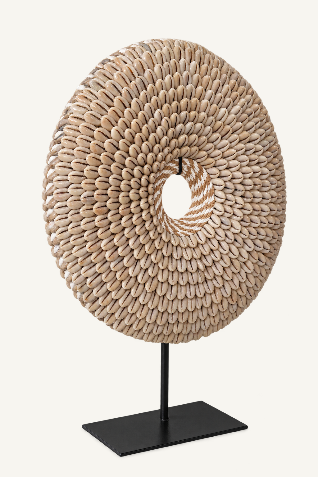 Natural Shell Rosette on black metal stand, three-quarter view