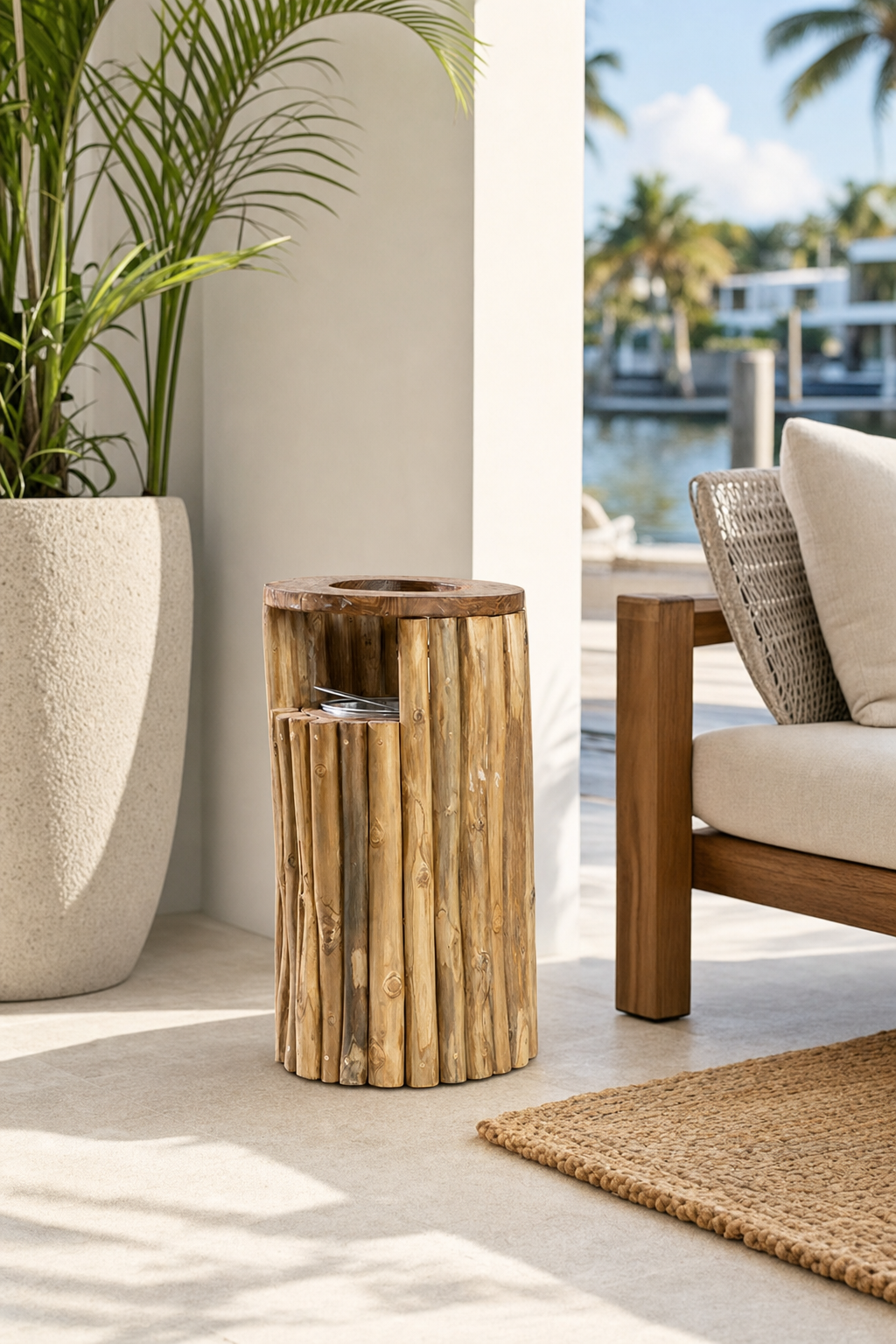 Natural Teak Branch Waste Bin styled in an interior