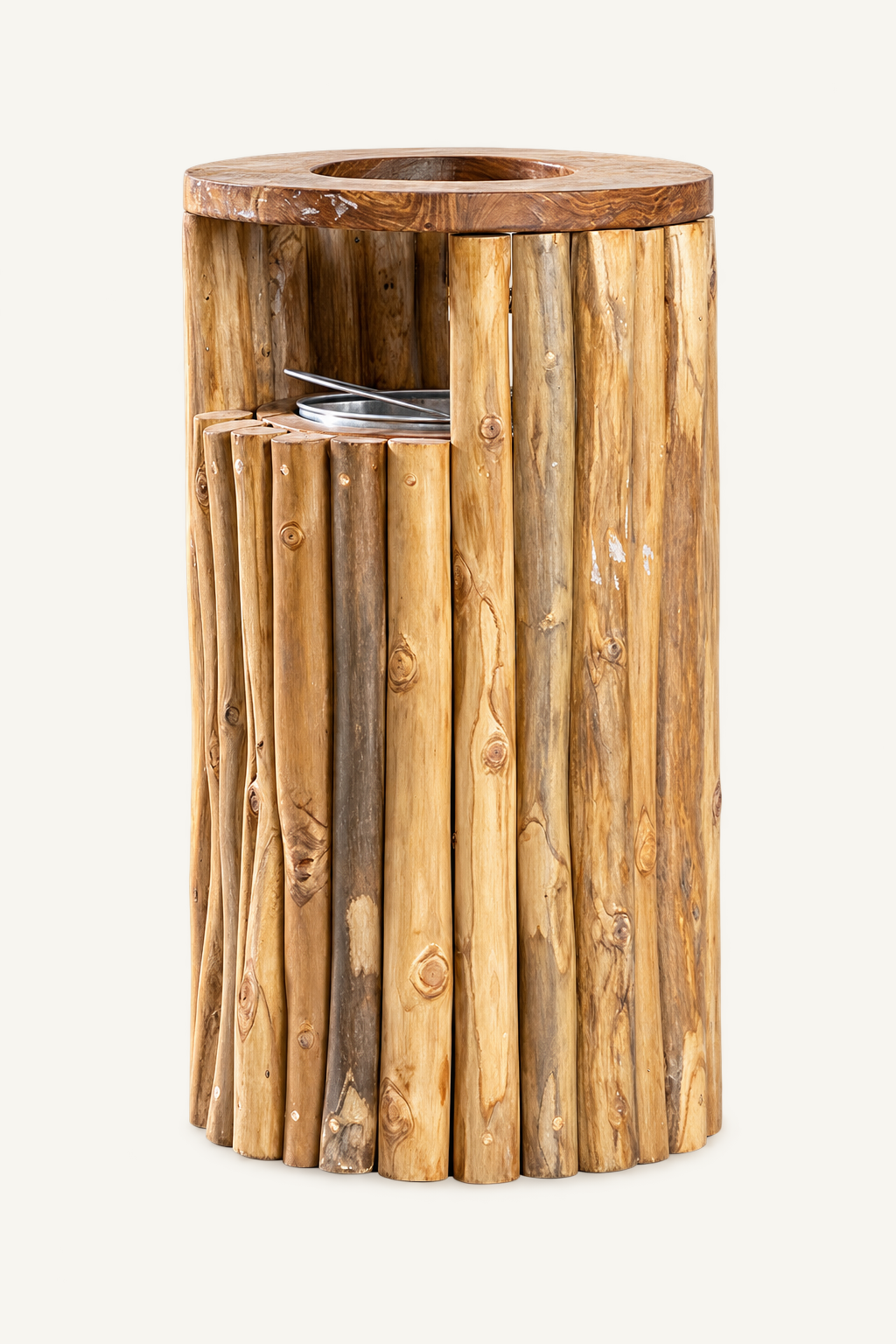 Natural Teak Branch Waste Bin, front view